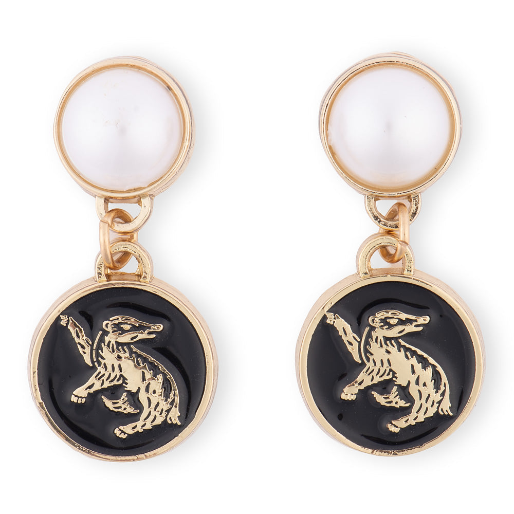 Harry Potter Earrings of Hufflepuff Crest with Pearl