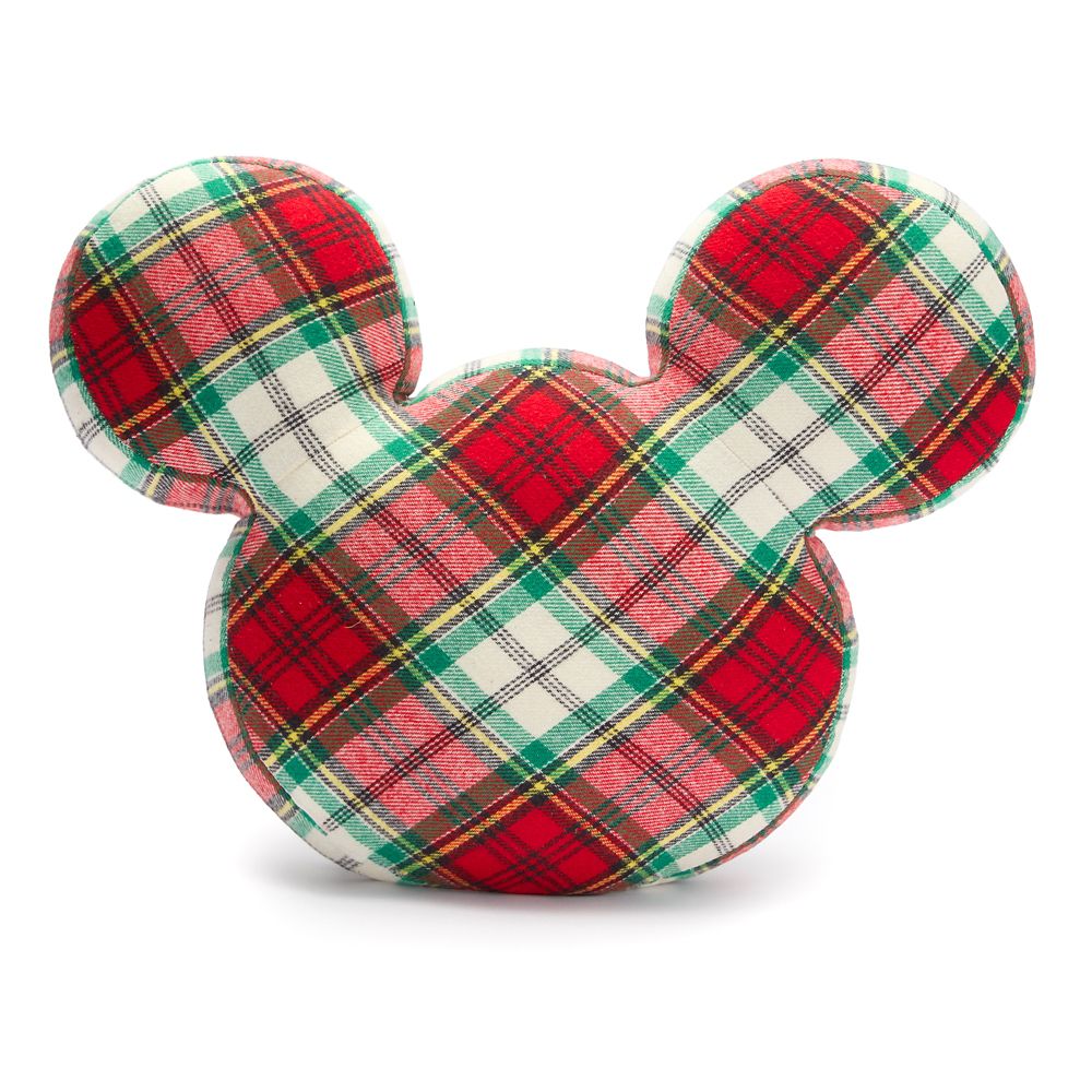 Cojín decorativo navideño a cuadros con ícono de Mickey Mouse